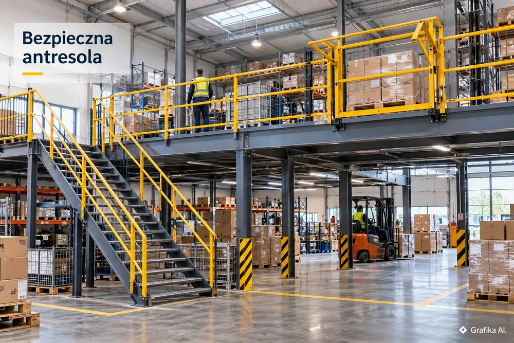 Schody, balustrady i bramka bezpieczeństwa na antresoli magazynowej