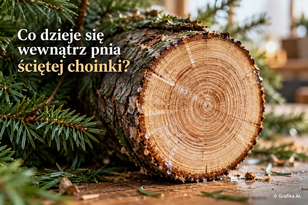 Przekrój świeżo ściętego pnia choinki z widocznymi słojami